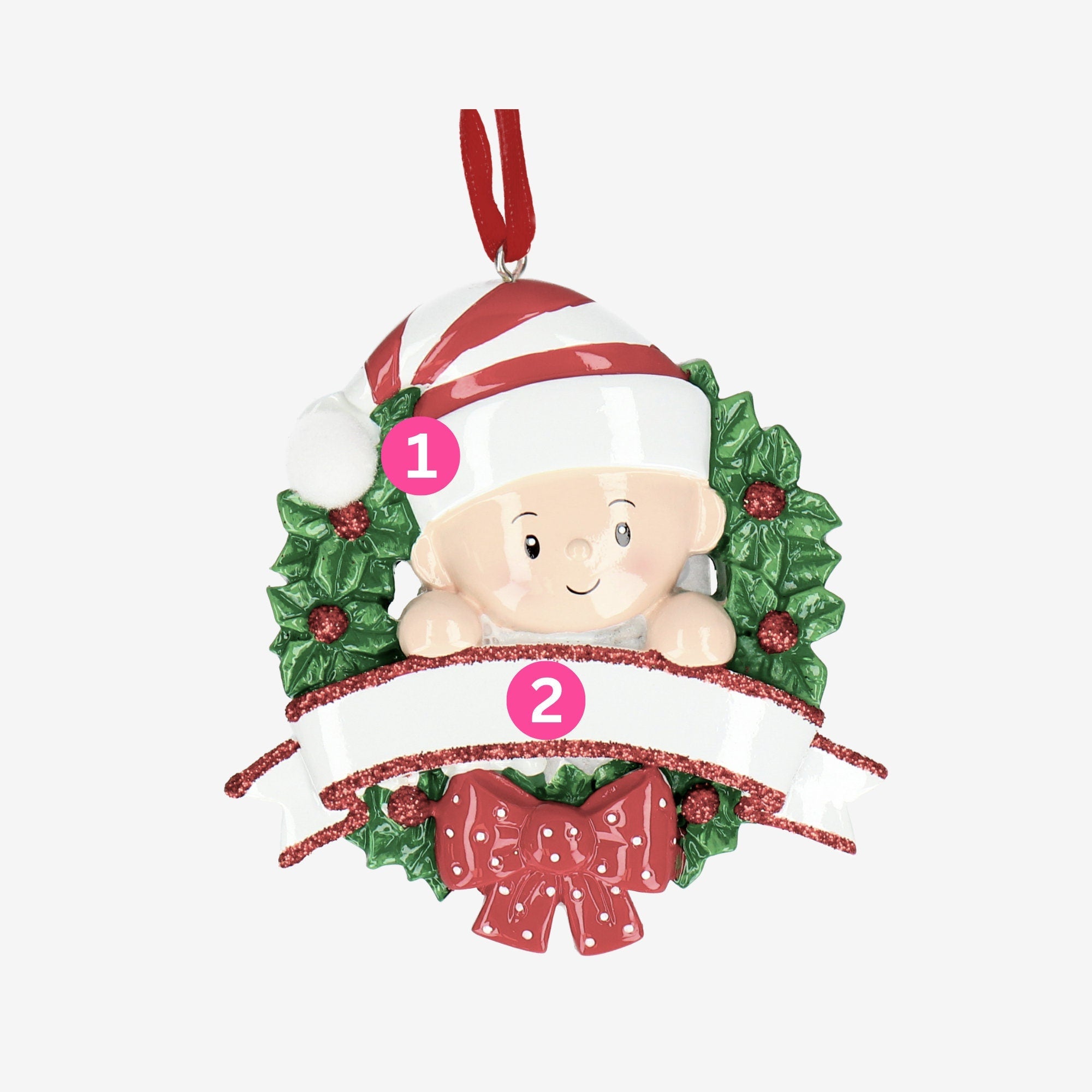 Baby 1st Christmas Bauble - Personalise with Name | Baby in a Wreath design | Christmas Decor