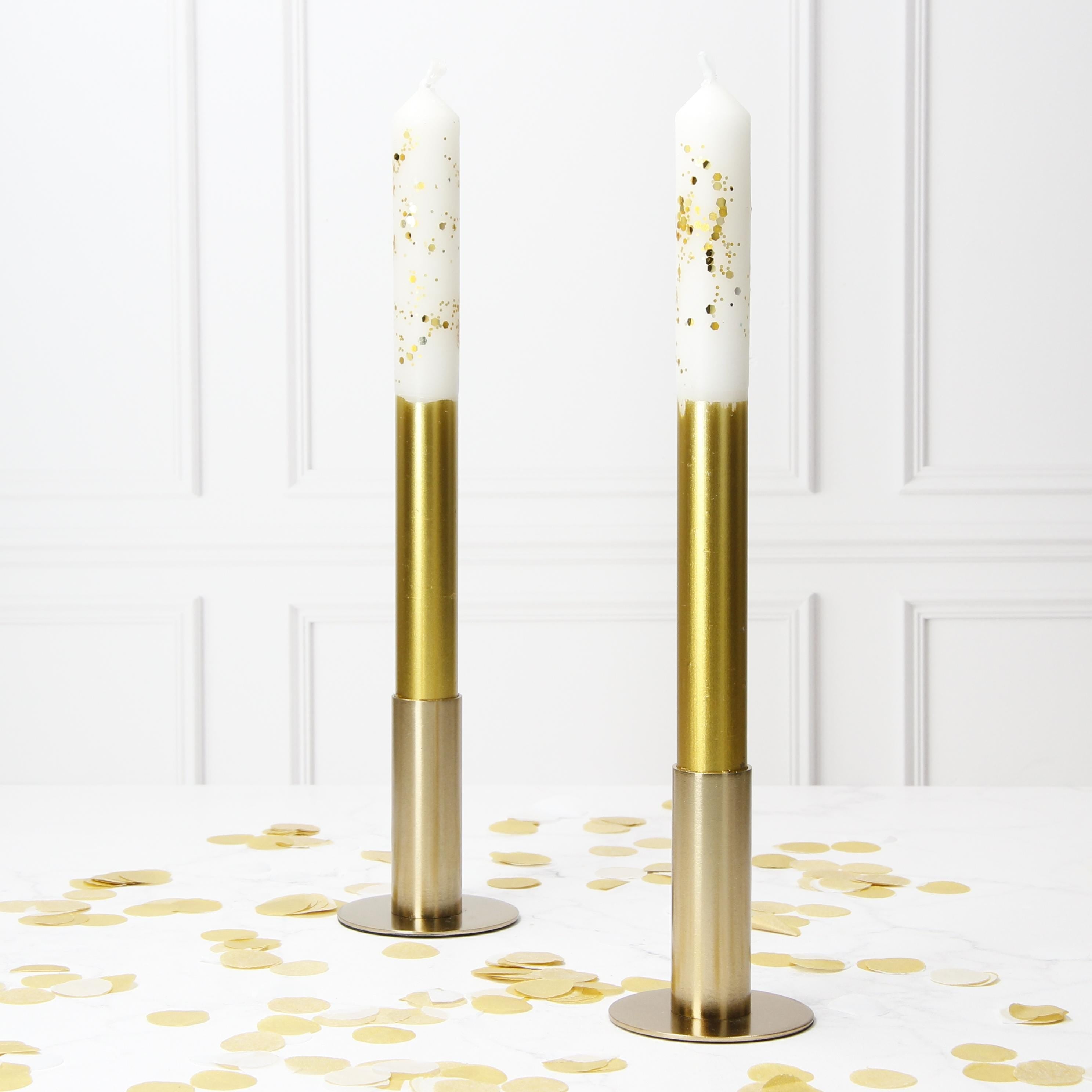 White and Gold Pinstripe Hand Made Candles - Christmas Theme - Pair Main image