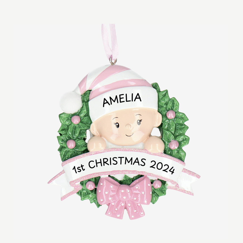 Baby 1st Christmas Bauble - Personalise with Name | Baby in a Wreath design | Christmas Decor