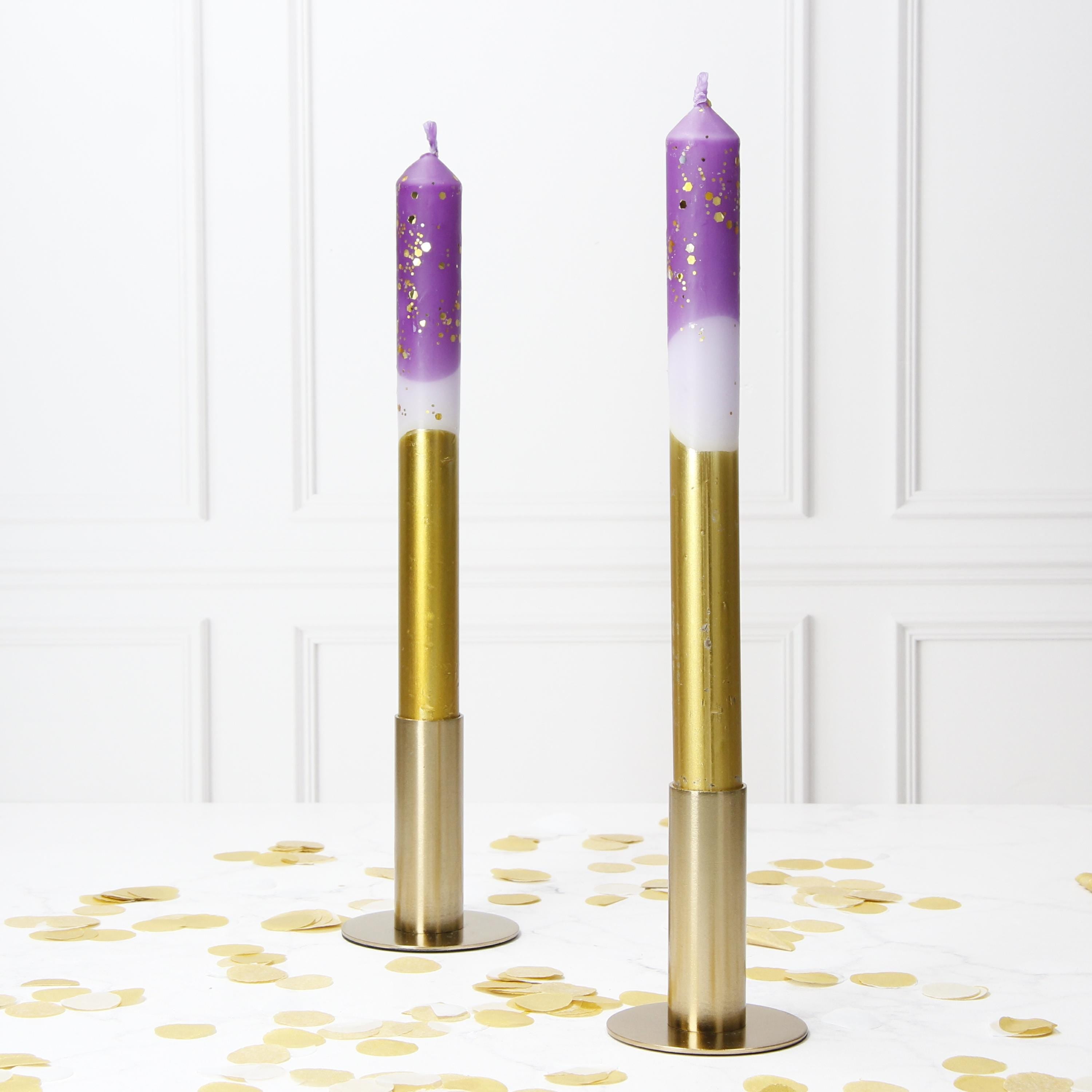 Purple and Gold Pinstripe Hand Made Candles - Pair Main image