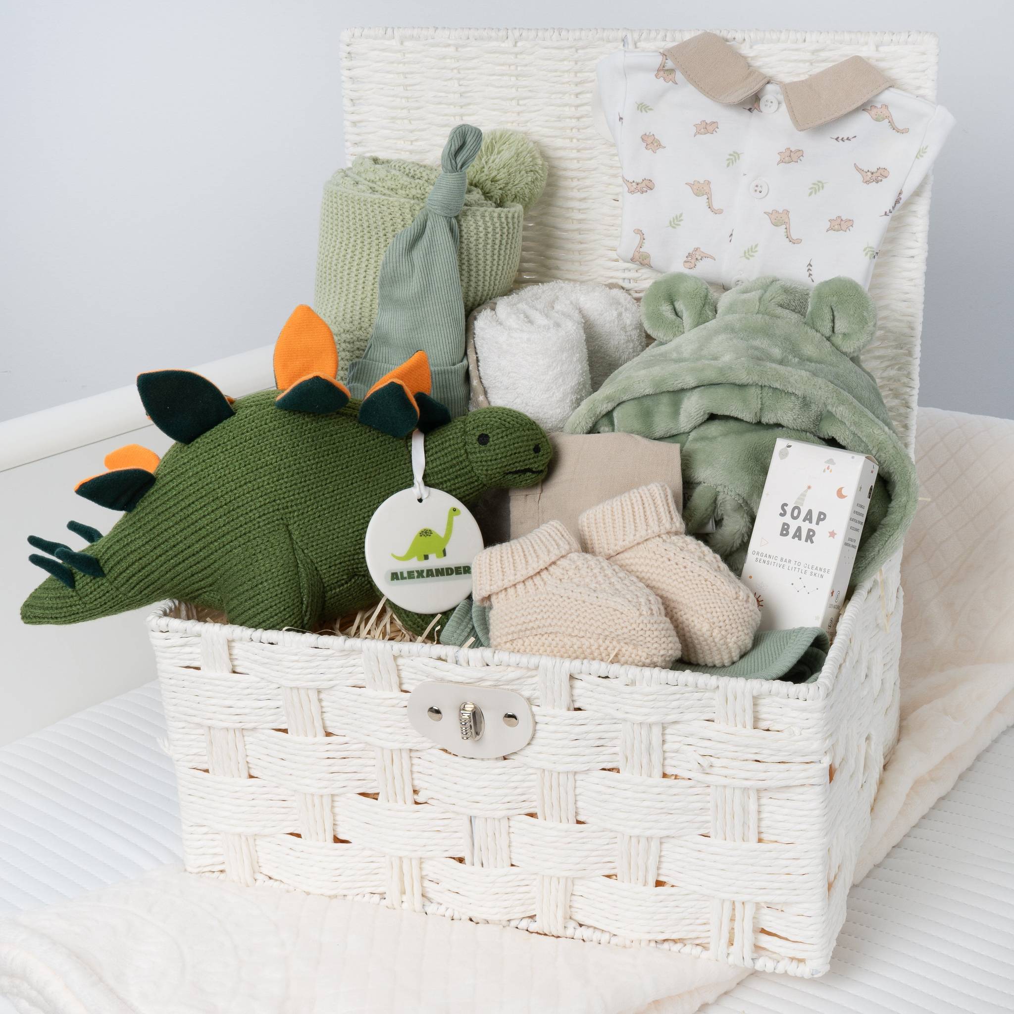 Personalised Large Dinosaur Baby Gift Hamper Gift Set with Blanket & Keepsake... - Green - Baby Hamper