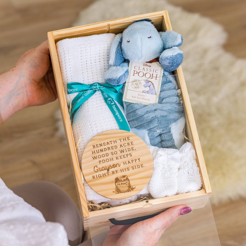 Blue Personalised Mini Baby Hamper Winnie-the-Pooh Eeyore Theme with Blanket ... – Blue