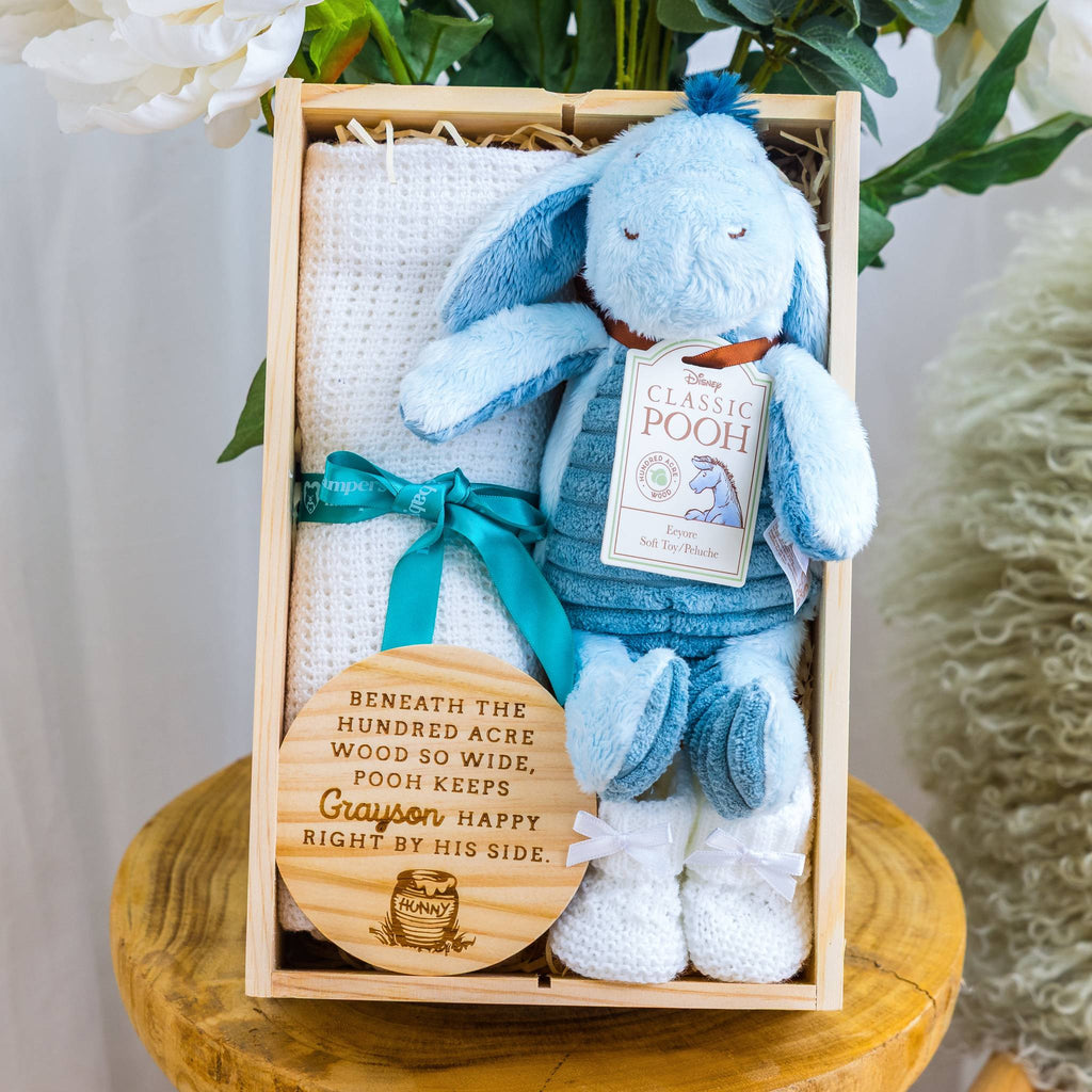 Personalised Mini Baby Hamper Winnie-the-Pooh Eeyore Theme with Blanket & Kee... - Blue - Baby Hamper