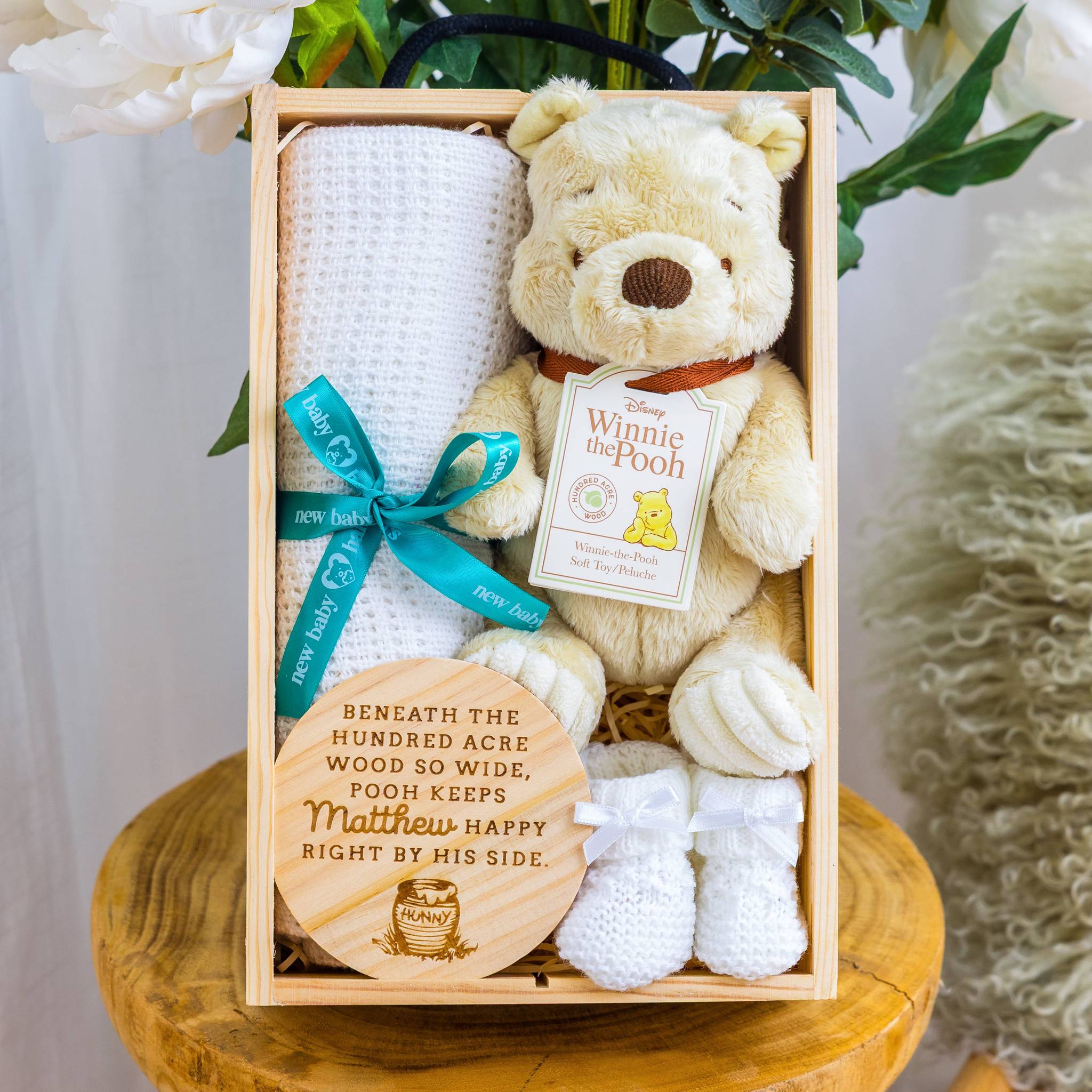 Personalised Mini Baby Hamper Winnie-the-Pooh Pooh Theme with Blanket & Keeps... - Cream - Baby Hamper