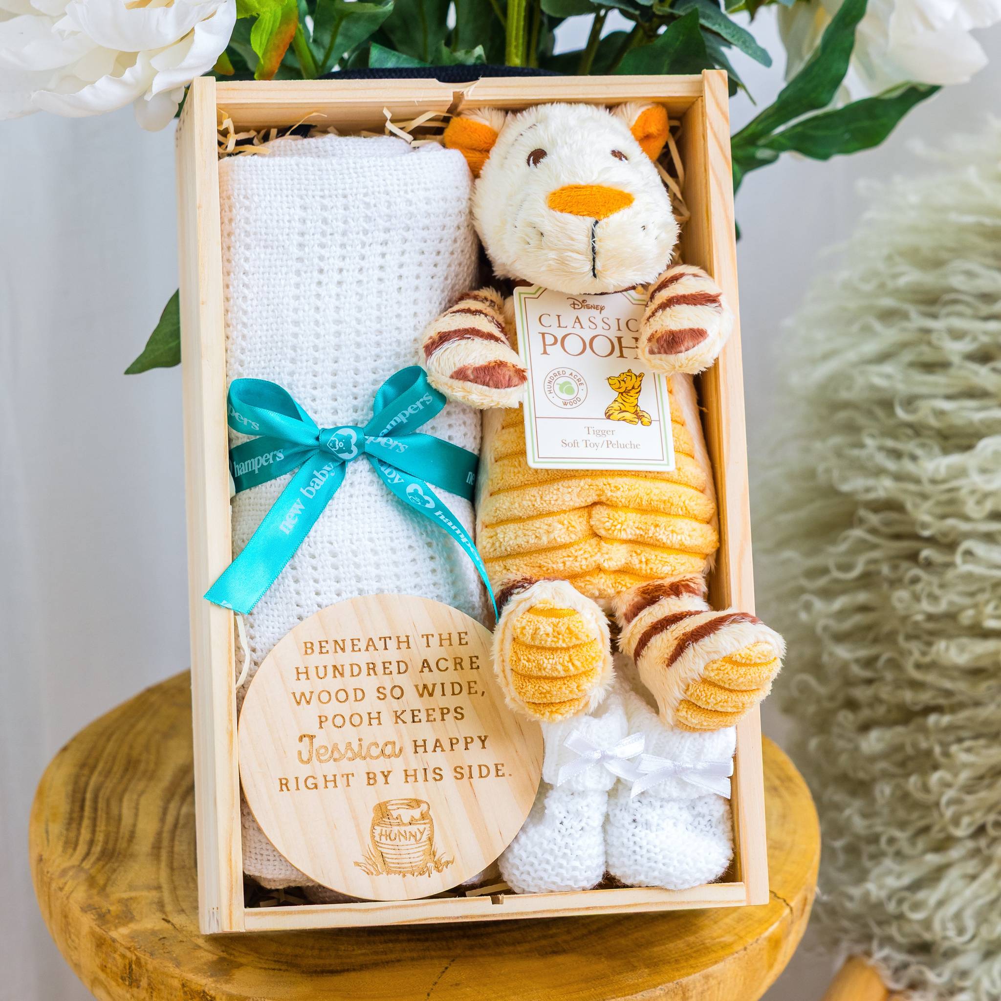 Personalised Mini Baby Hamper Winnie-the-Pooh Tigger Theme with Blanket & Kee... - Cream - Baby Hamper