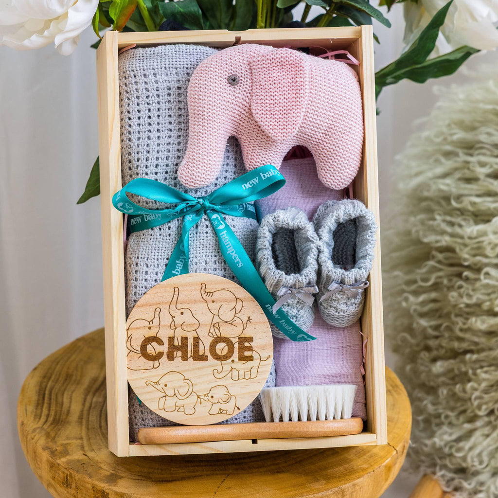 Personalised Newborn Welcome Hamper - Pink Elephant Theme with Blanket & Keep... - Pink - Baby Hamper