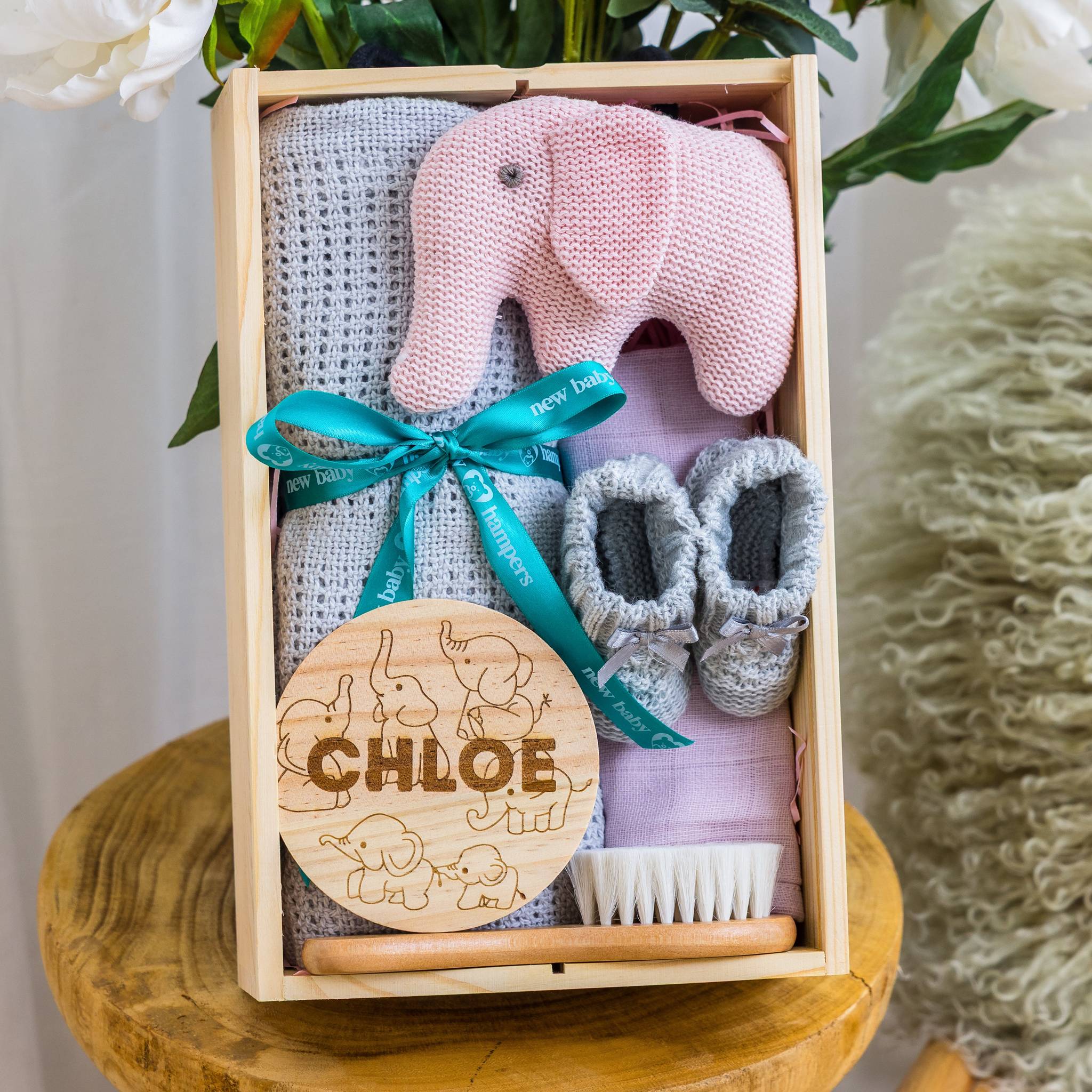 Personalised Newborn Welcome Hamper - Pink Elephant Theme with Blanket & Keep... - Pink - Baby Hamper