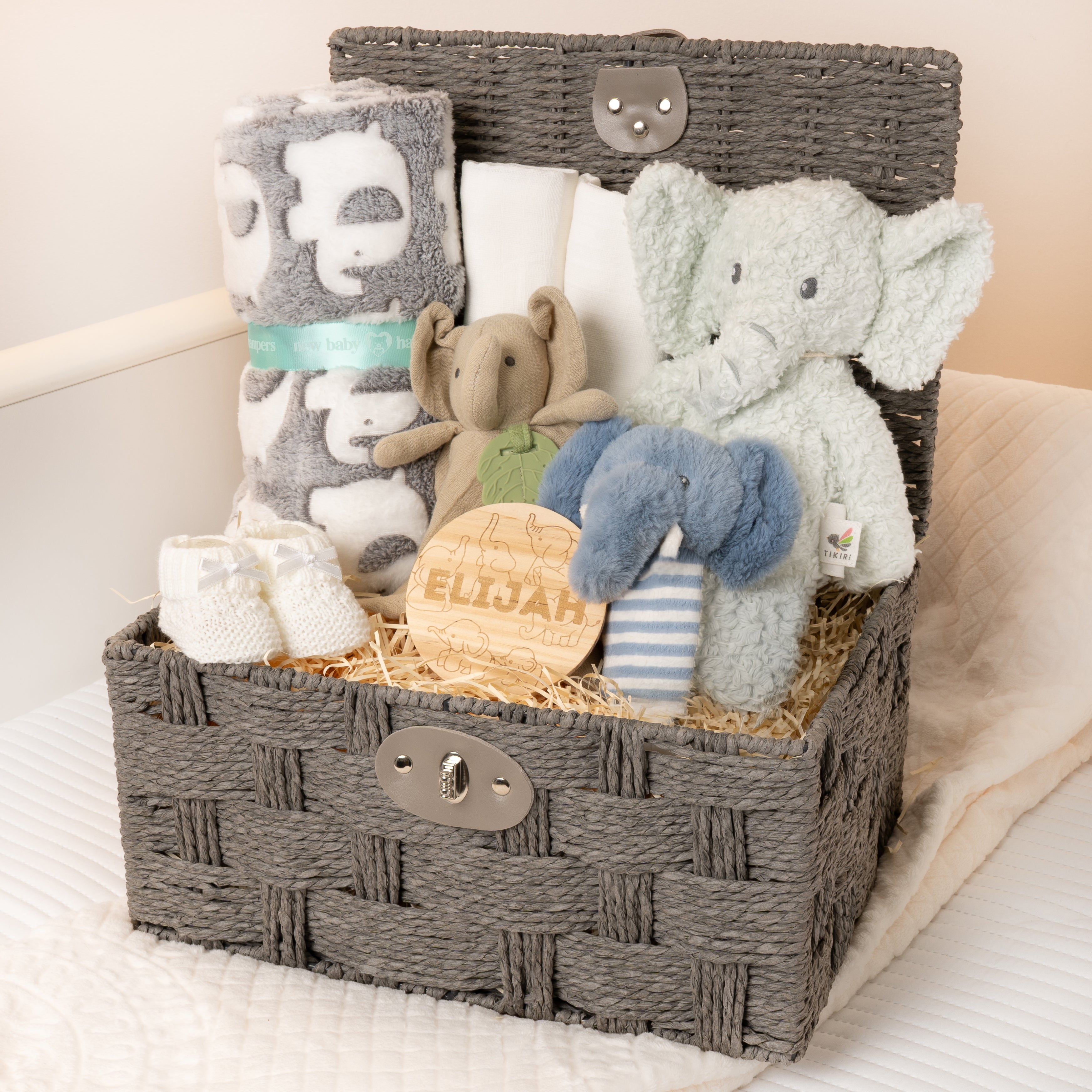 Personalised Organic Elephant Baby Hamper - Grey Gift Basket with Blanket & K... - Grey - Baby Hamper