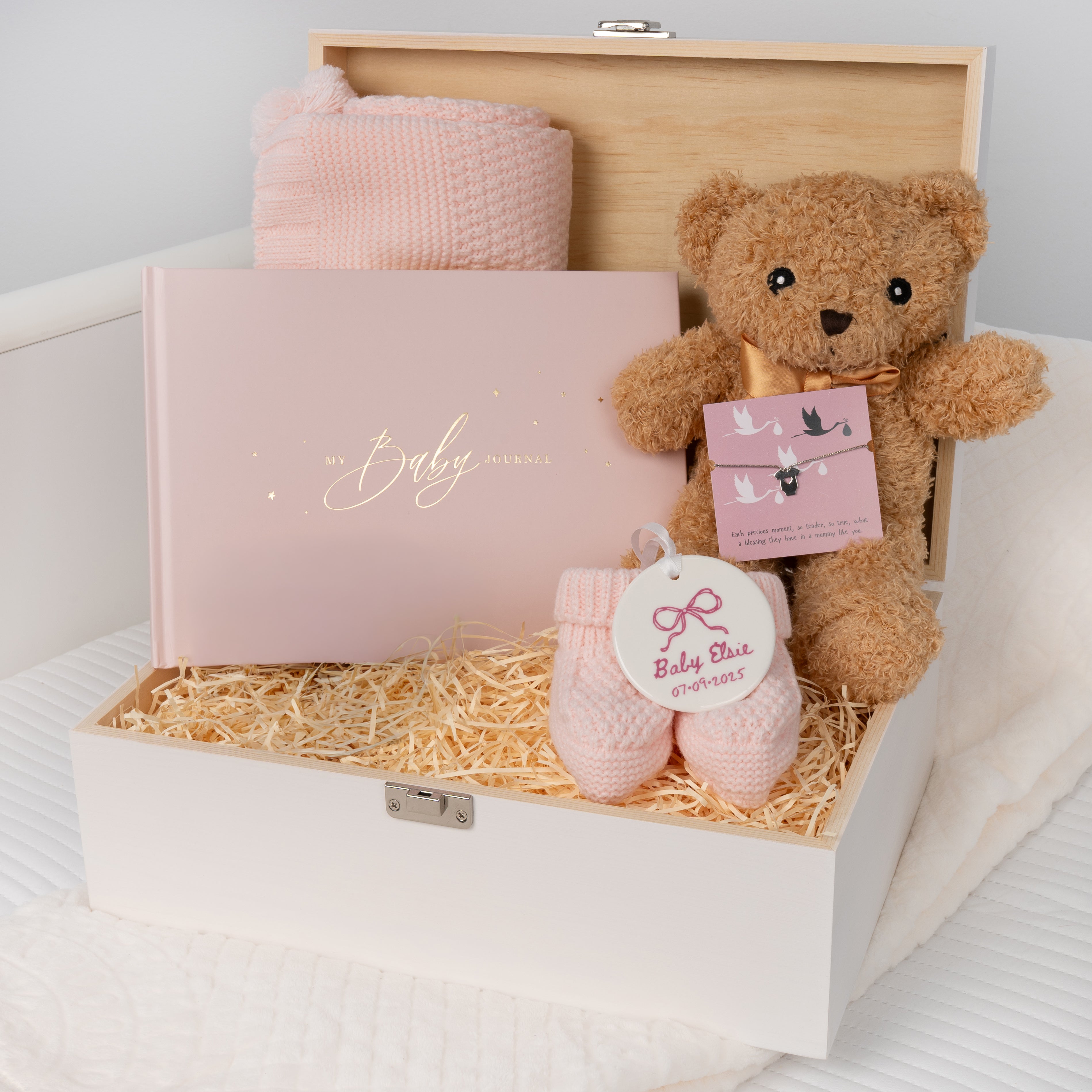 Personalised Teddy Bear Pregnancy Baby Hamper - Pink Edition with Blanket & K... - Pink - Baby Hamper