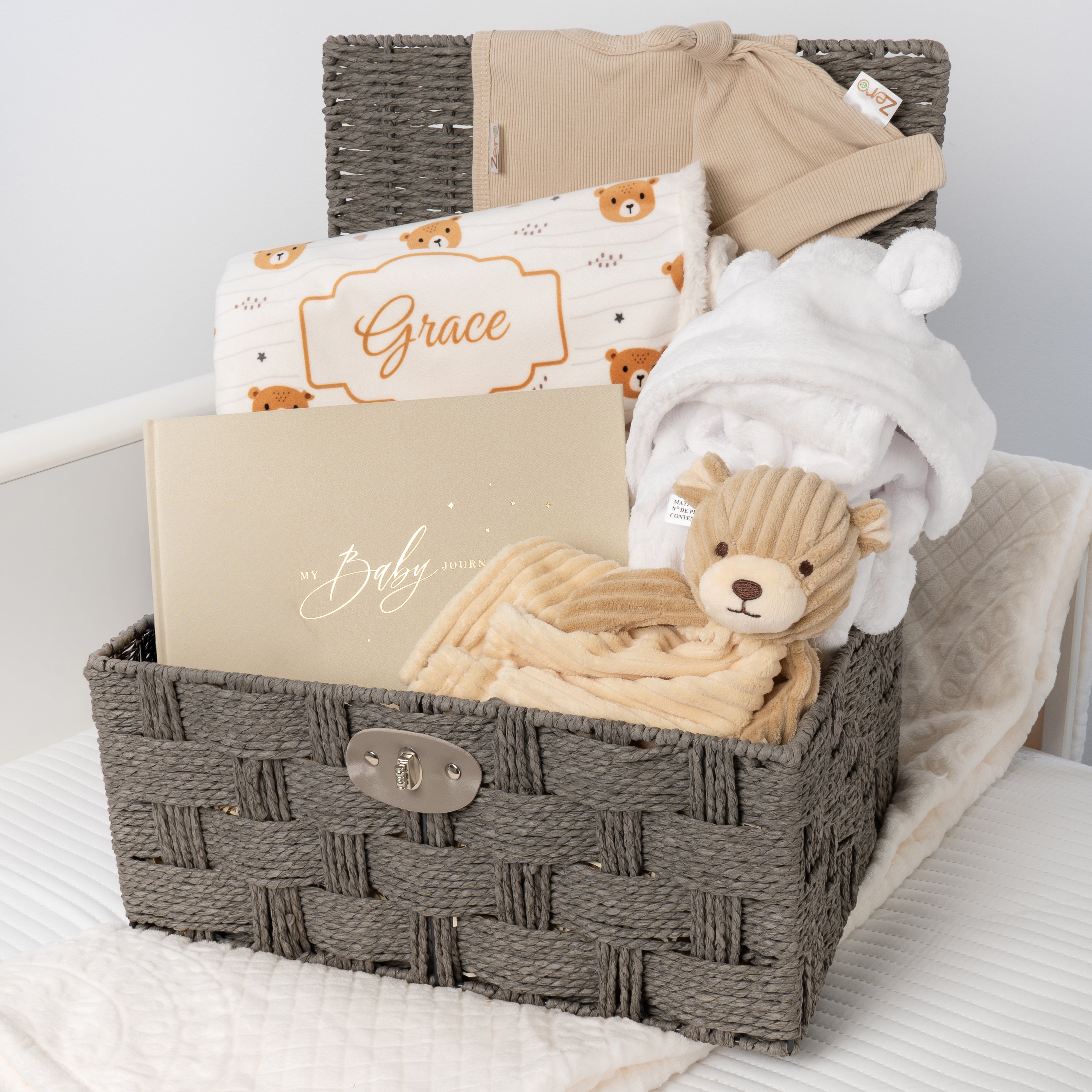 Personalised Teddy Snuggles Baby Hamper - Large with Blanket - Cream - Baby Hamper