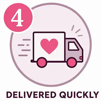 A pink delivery truck with a heart on its side, featuring a stylized design and the number 4 in a circle above it.