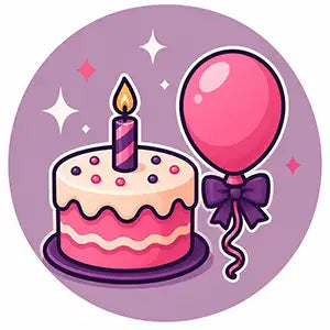 A pink frosted birthday cake with purple sprinkles and a single lit candle, accompanied by a matching pink balloon tied with a dark ribbon.