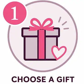 Pink gift box with a matching ribbon bow and a small heart icon.