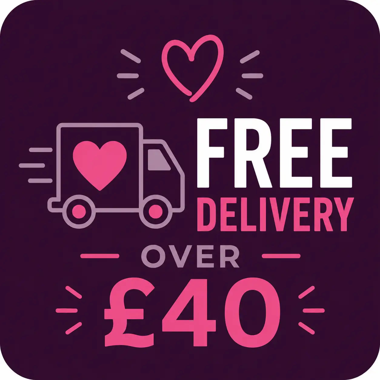 Pink heart-adorned delivery truck graphic on a dark purple background.