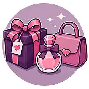 Pink perfume bottle with a dark purple bow and diamond-shaped cap.