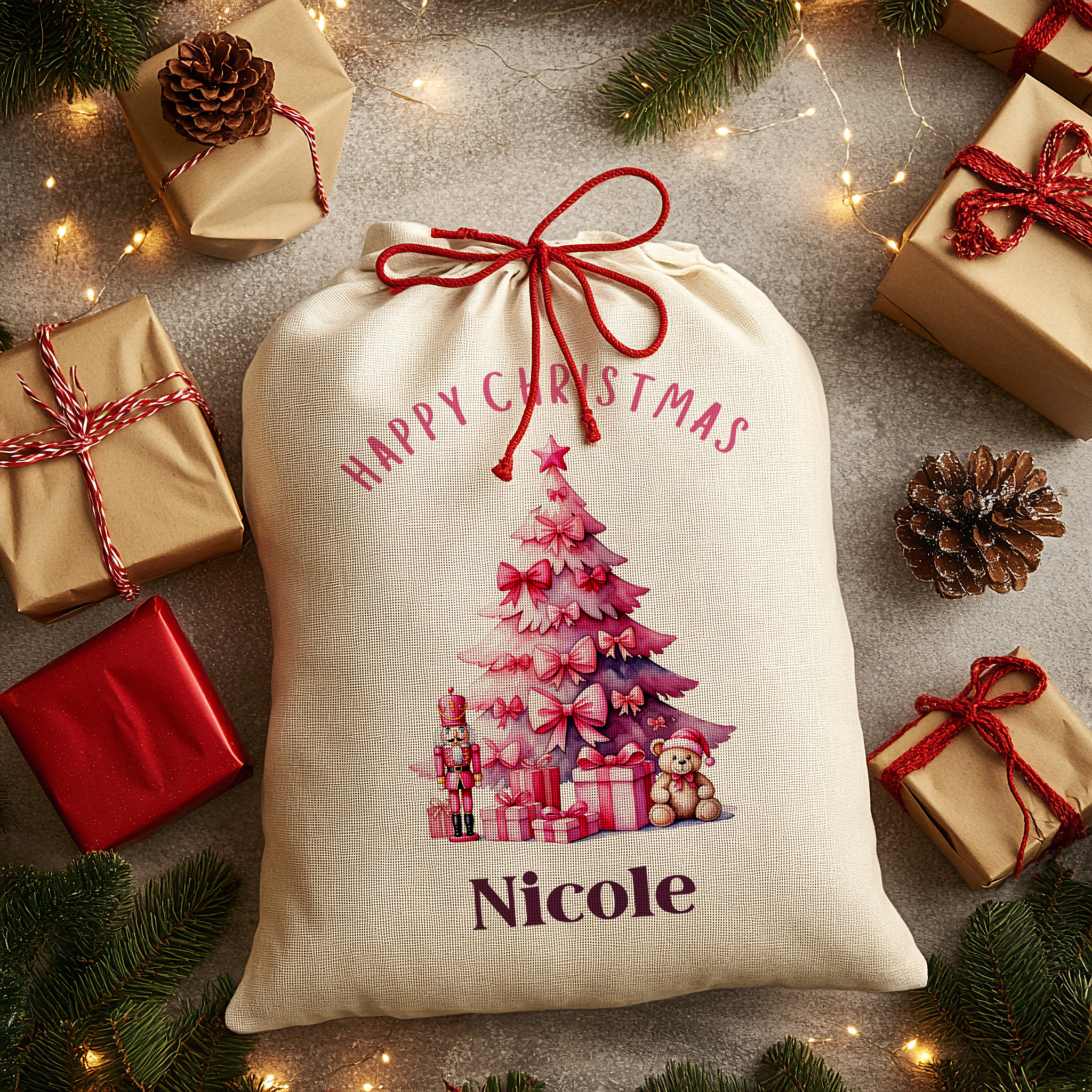 Personalised Christmas Sack - Pink Tree | Christmas Toy Sack | Christmas Stocking |  Small/Large Main image