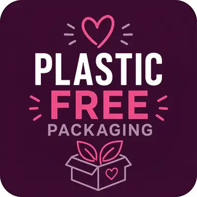 Plastic-free packaging logo with pink heart and plant icon on a dark purple background.
