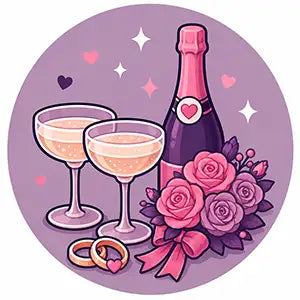 A purple champagne bottle with a heart-shaped label sits beside two filled flutes and a bouquet of pink roses.
