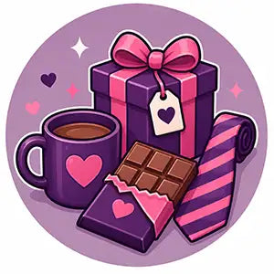 Purple gift box with a pink bow and heart tag, wrapped in striped ribbon.