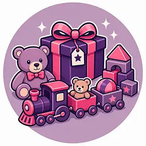 Purple gift box with a pink ribbon bow and star tag.