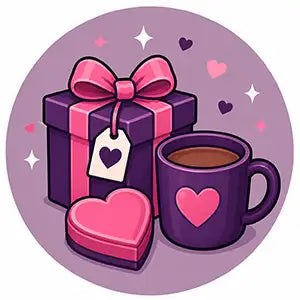 A purple gift box with a pink ribbon and heart tag sits beside a matching purple mug adorned with a pink heart.