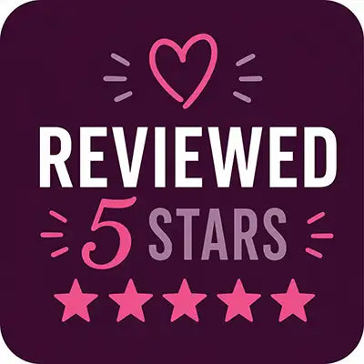 A purple graphic badge featuring a pink heart and five pink stars, with the text ’reviewed 5 stars’ in white.