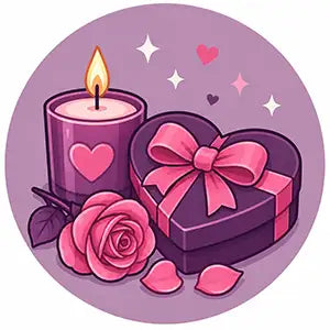 A purple heart-shaped gift box adorned with a vibrant pink ribbon bow.