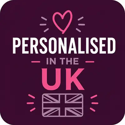 A purple square graphic with white and pink text reading ’personalised in the uk’ above a stylized union jack flag, accented by a pink heart icon.