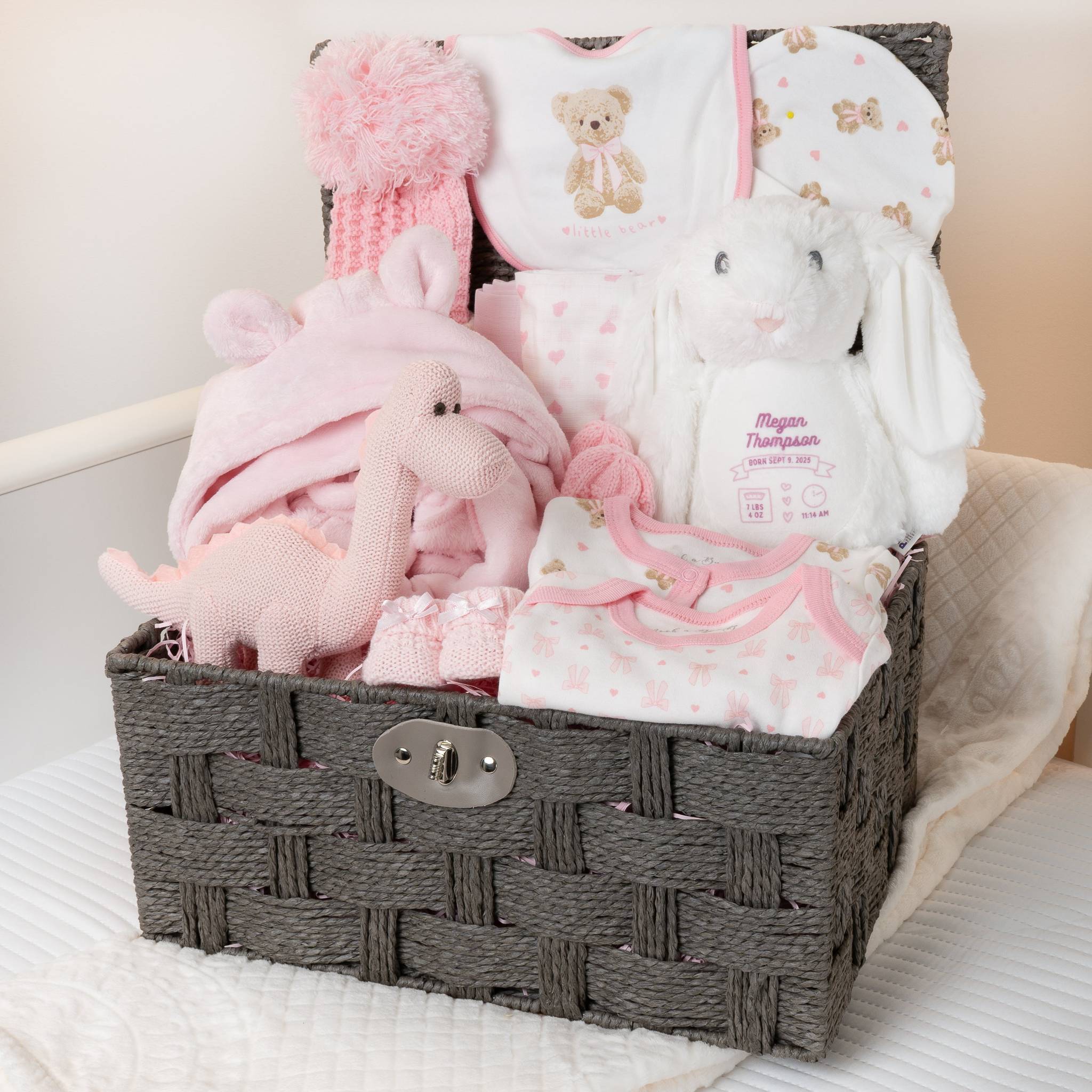 Rabbit New Baby Hamper in Pink - Personalised Animal Hamper Case - Pink - Baby Hamper Main image