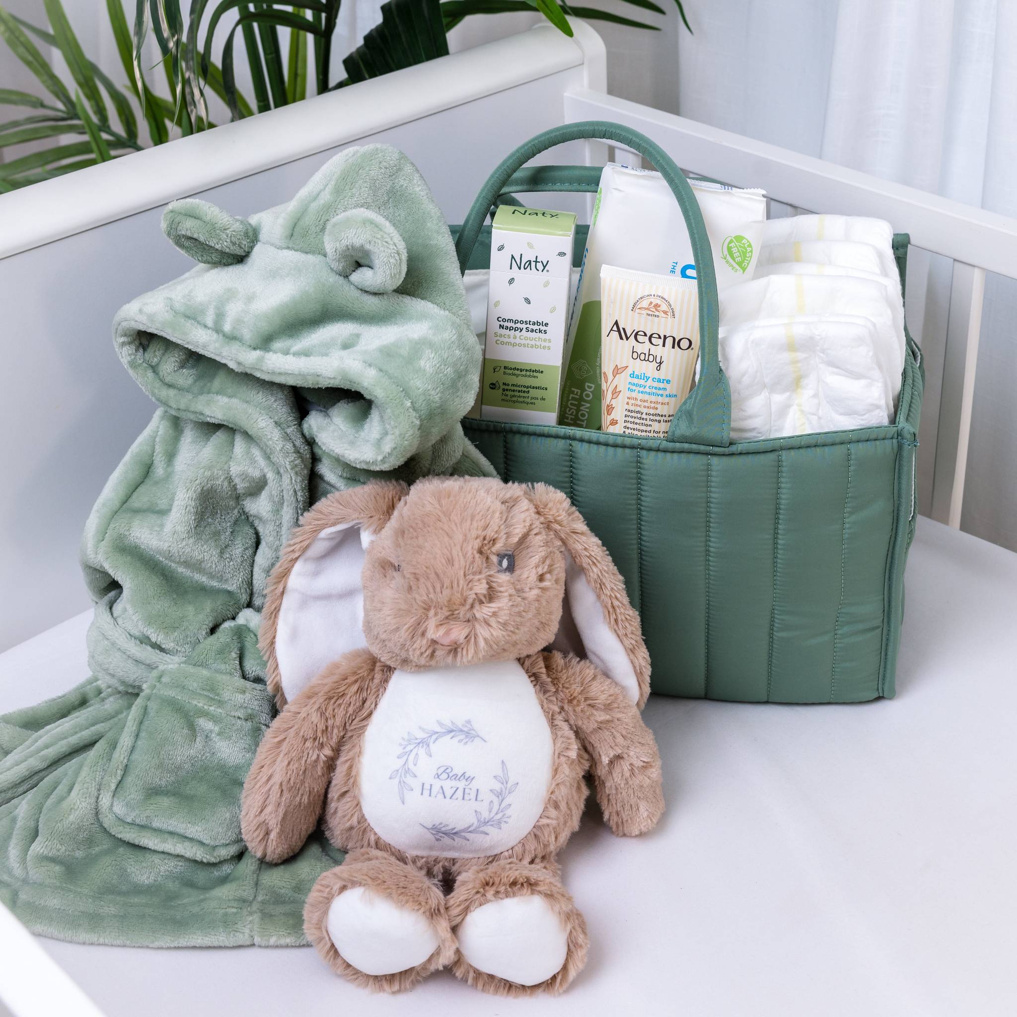 Rabbit Personalised Newborn Baby Essentials Gift Set in Sage Green - Green - Baby Hamper Main image