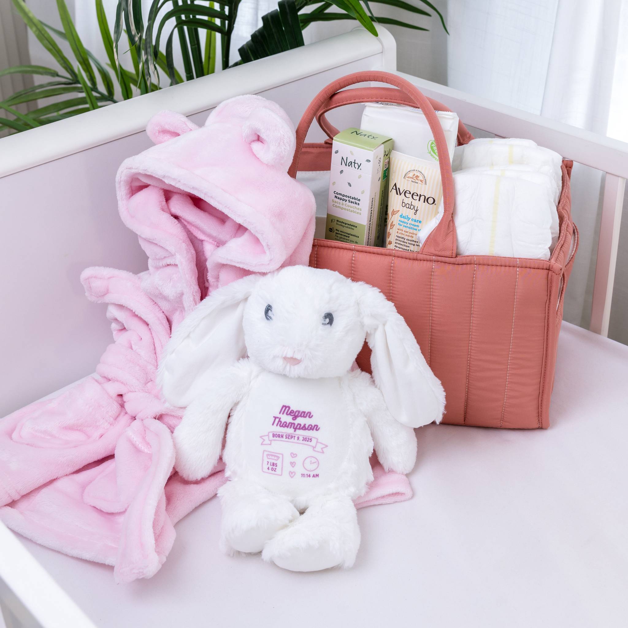 Rabbit Personalised Newborn Baby Essentials Gift Set - Pink - Baby Hamper Main image