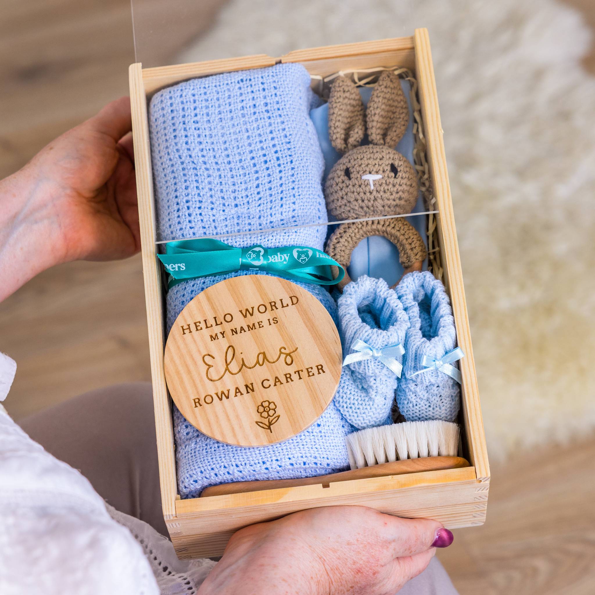 Blue Rabbit Personalised Newborn Welcome Hamper with Blanket & Keepsake Disc ... – Blue