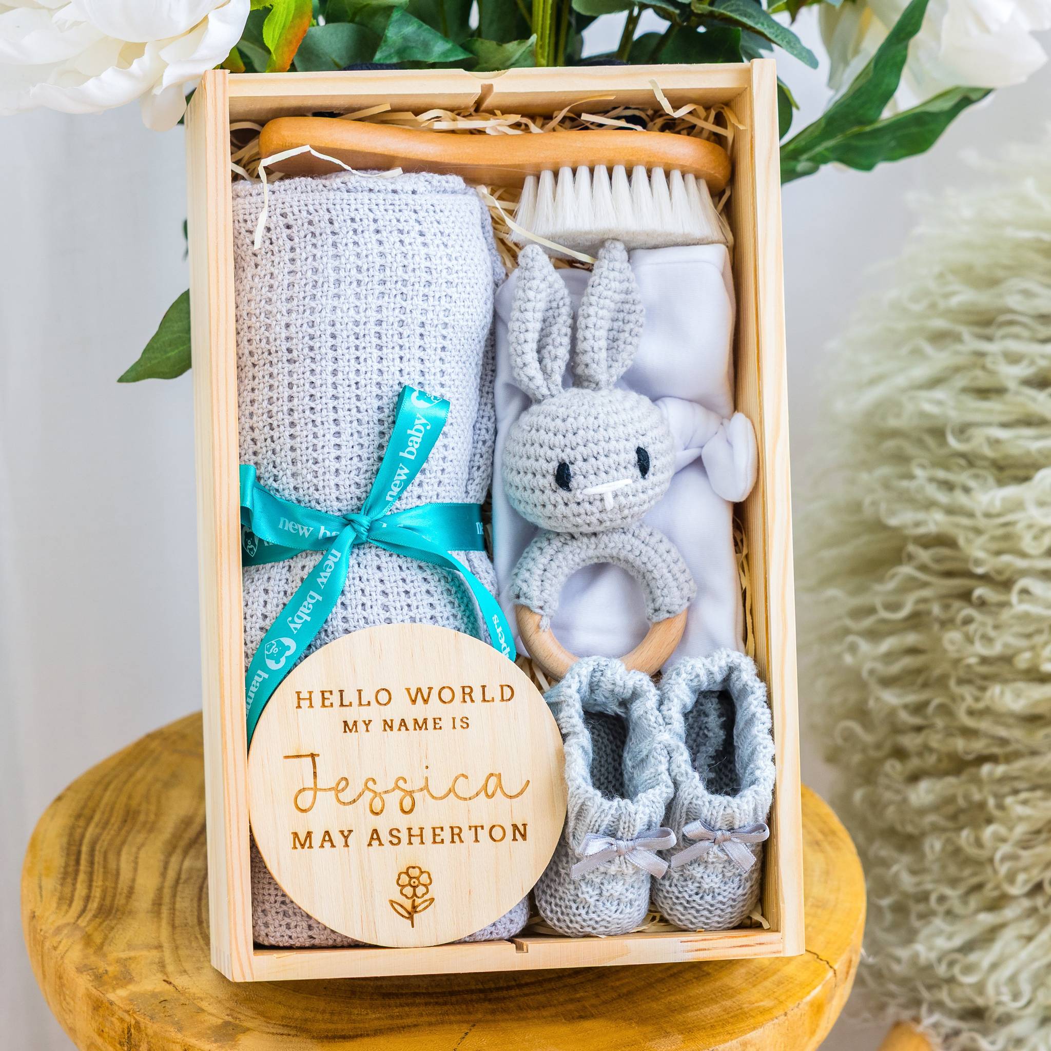 Rabbit Personalised Newborn Welcome Hamper with Blanket & Keepsake Disc - Grey - Baby Hamper