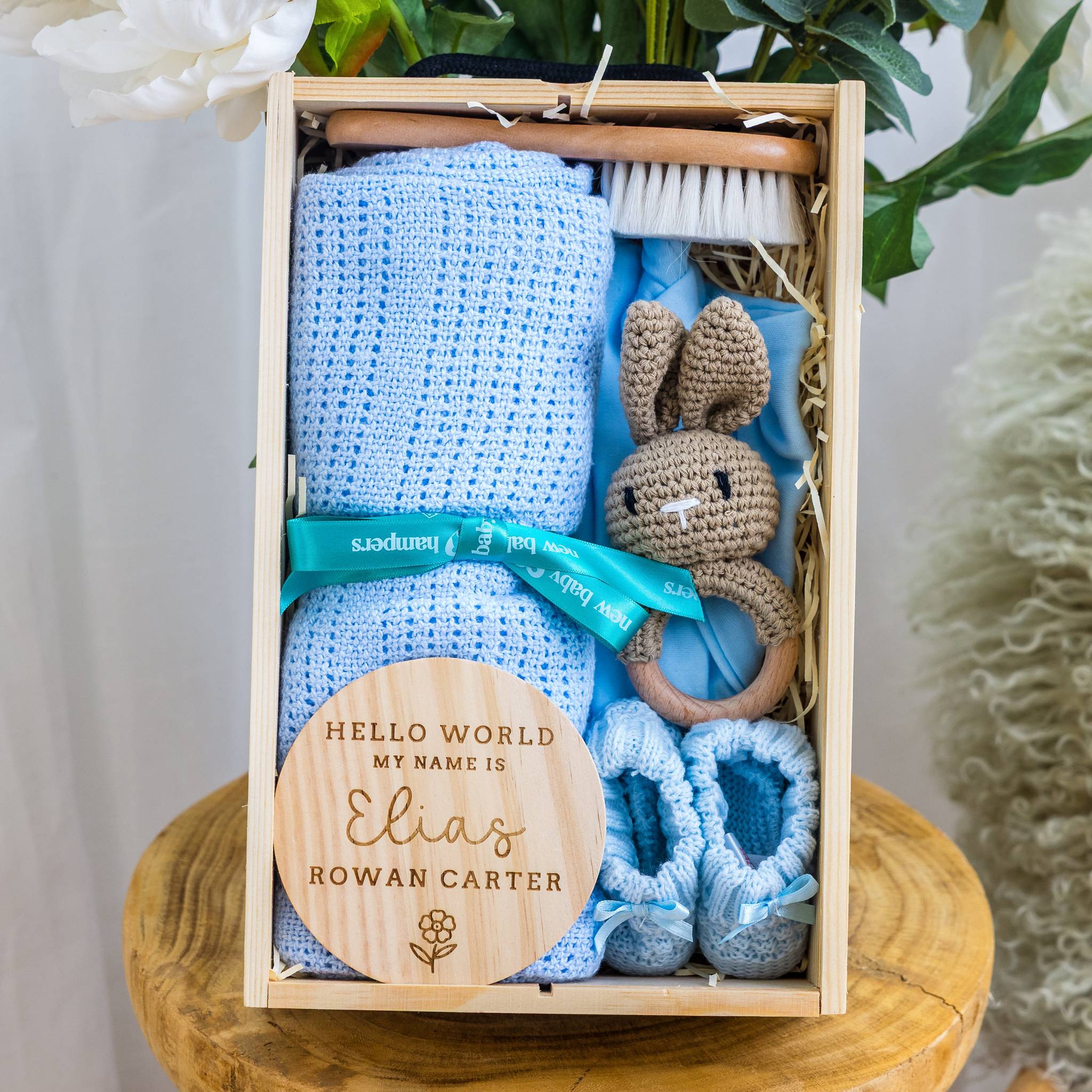 Rabbit Personalised Newborn Welcome Hamper with Blanket & Keepsake Disc - Blue - Baby Hamper