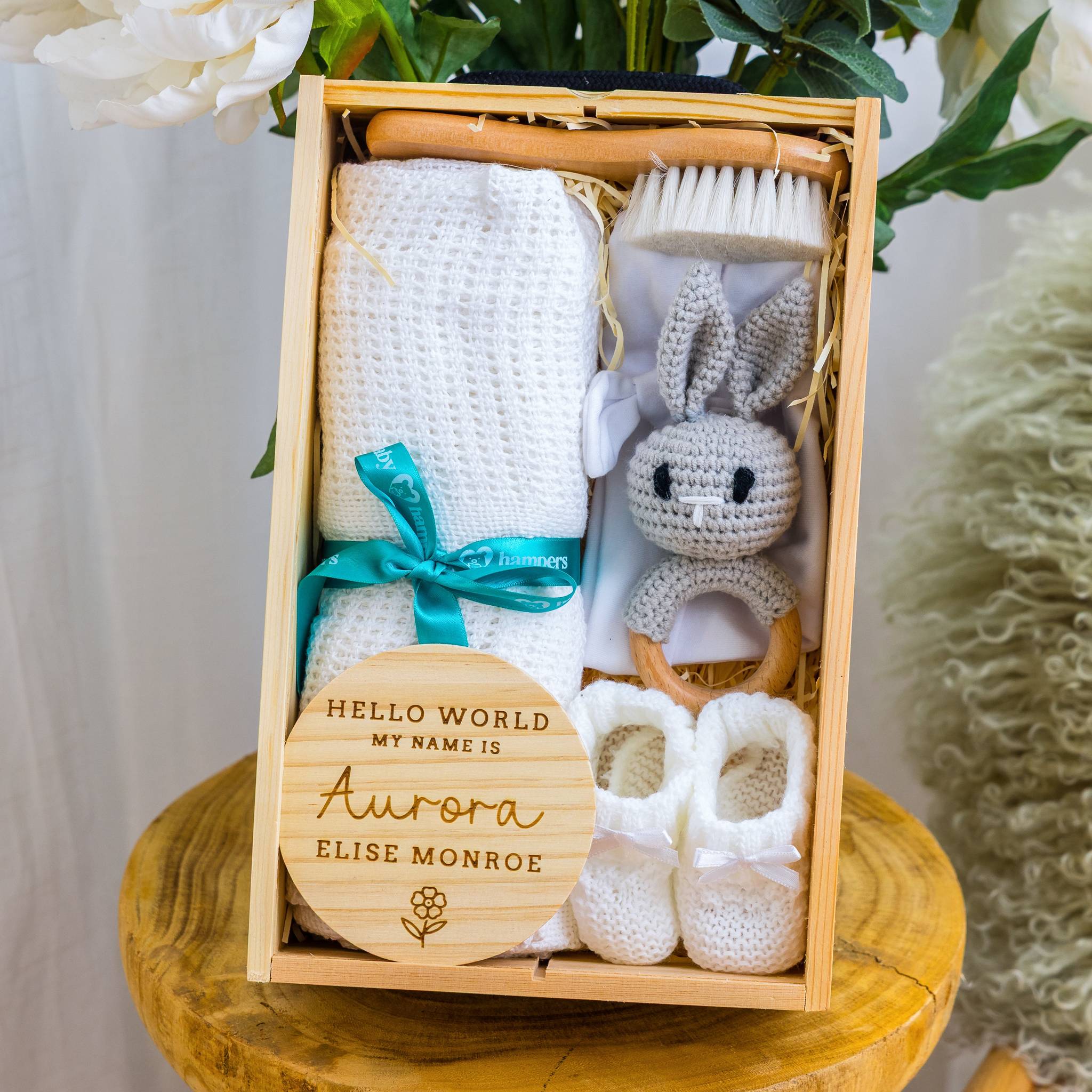 Rabbit Personalised Newborn Welcome Hamper with Blanket & Keepsake Disc - White - Baby Hamper