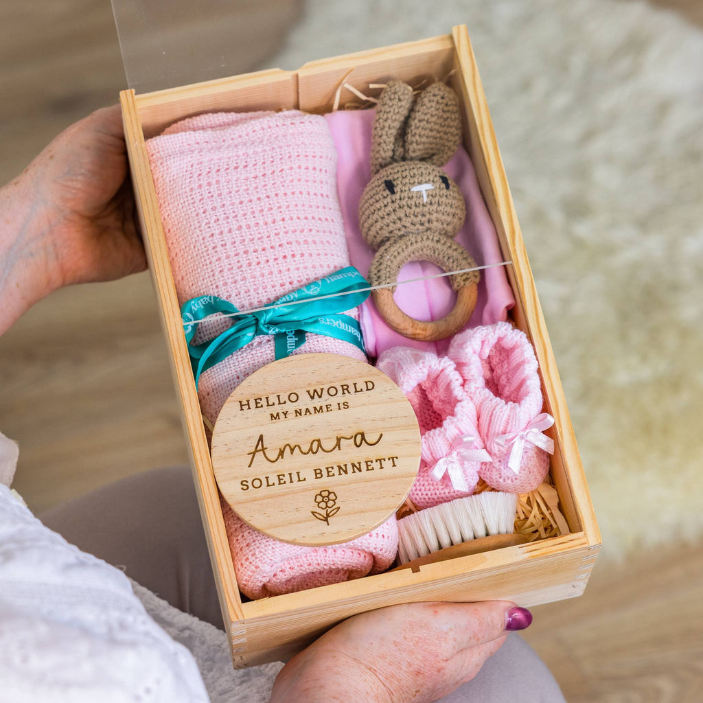 Pink Rabbit Personalised Newborn Welcome Hamper with Blanket & Keepsake Disc ... – Pink