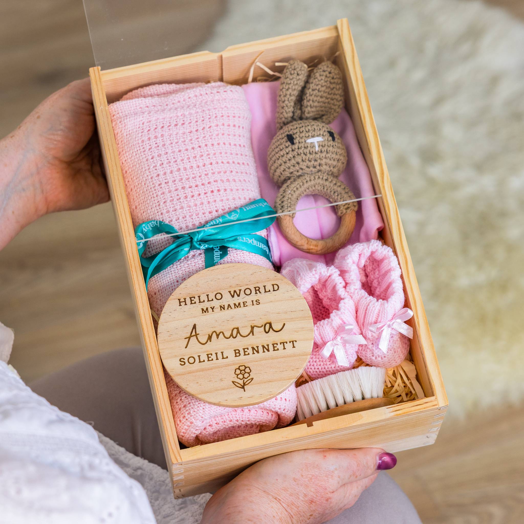 Pink Rabbit Personalised Newborn Welcome Hamper with Blanket & Keepsake Disc ... – Pink