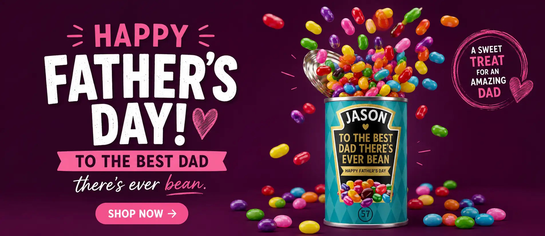 A teal-colored jason’s branded can filled with colorful jelly beans, overflowing and scattered around it.