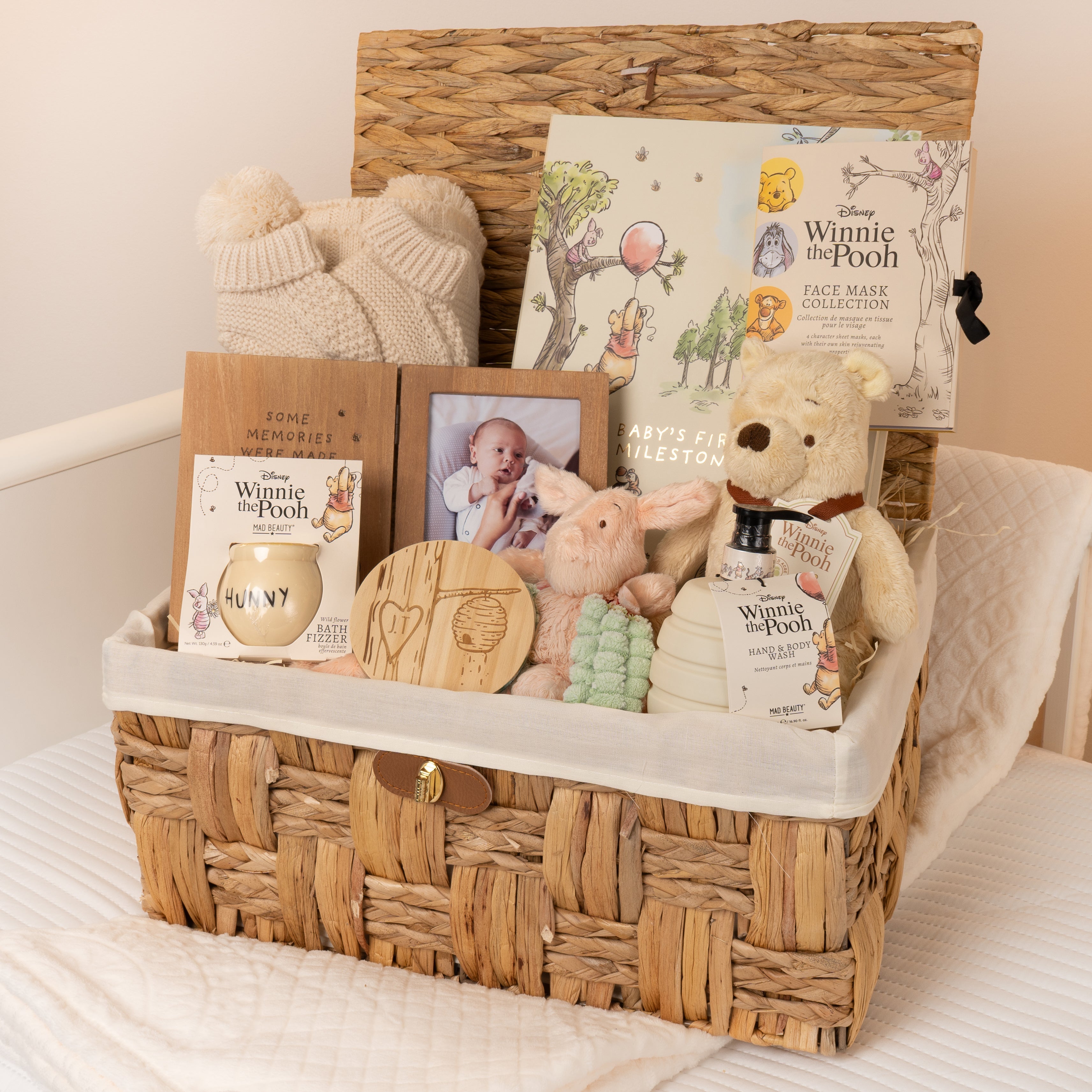 Winnie-the-Pooh Personalised Photo Frame Large Baby Hamper Basket with Blanke... - Cream - Baby Hamper