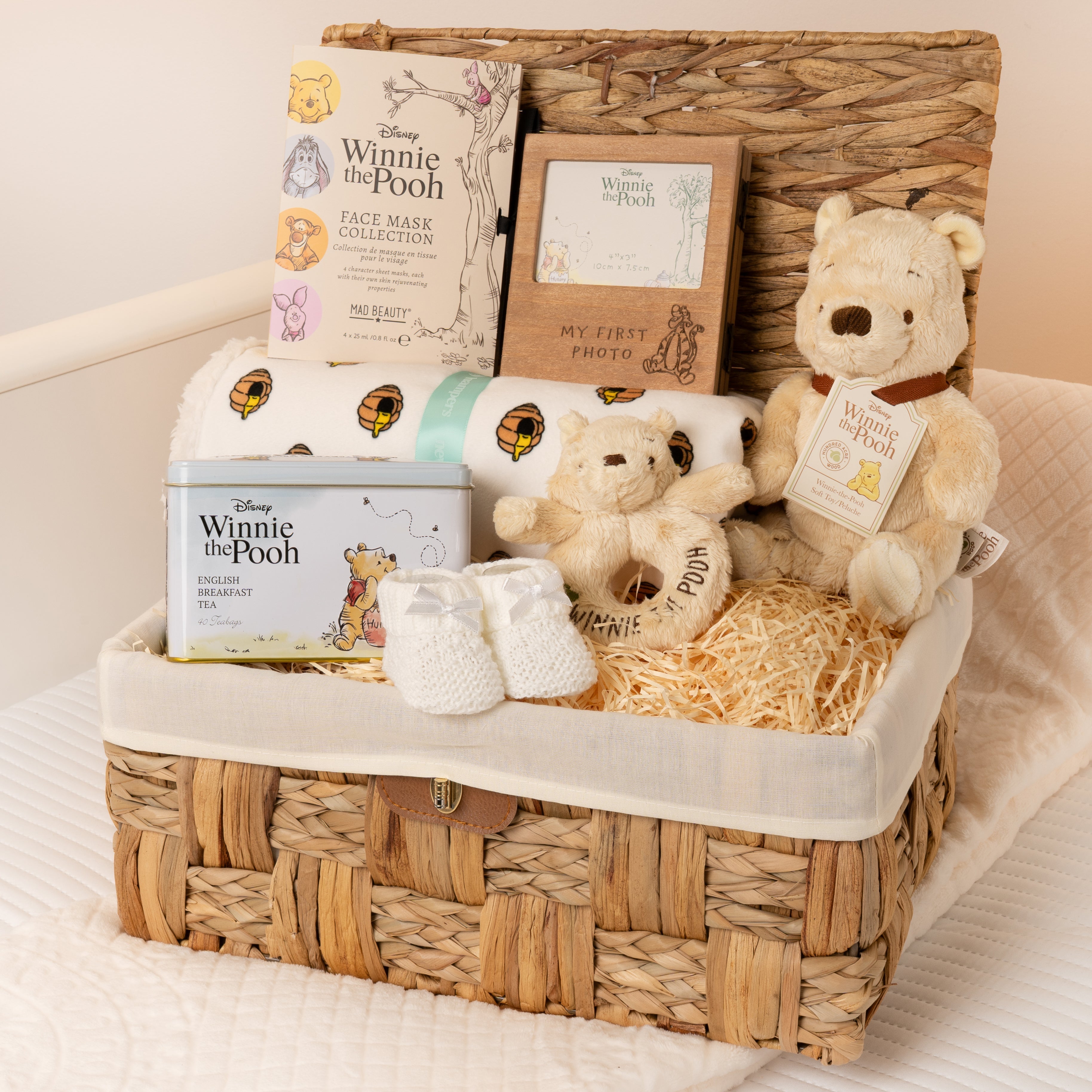 Winnie-the-Pooh Personalised Photo Frame Medium Baby Hamper Basket with Blanket - White - Baby Hamper