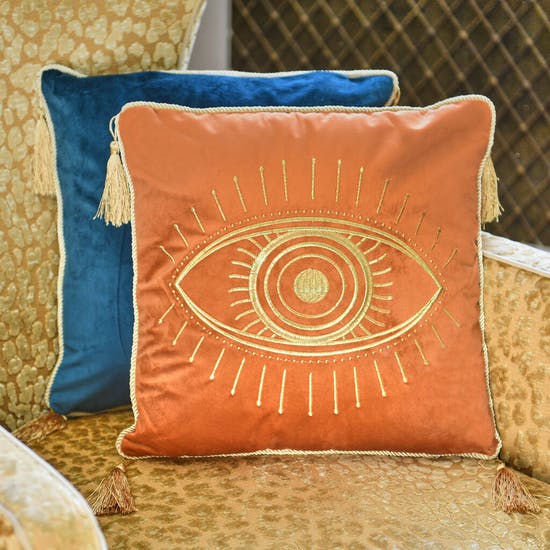 Embroidered Velvet Eye Design Cushion