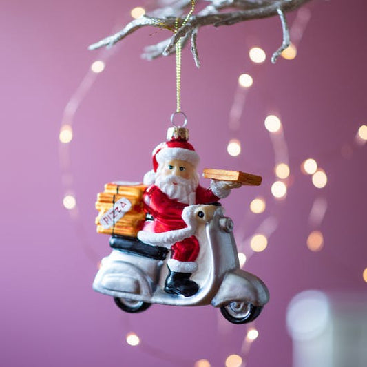 Pizza Delivery Glass Santa Bauble