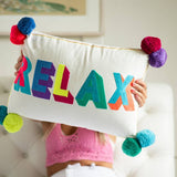 Embroidered Cushion With Pom Poms