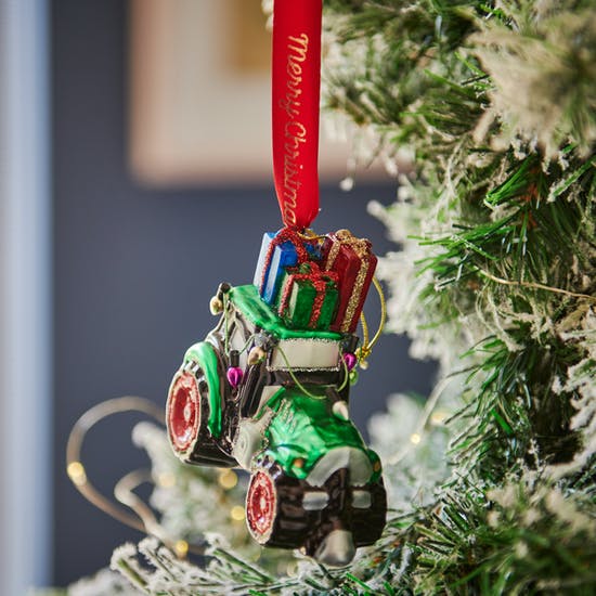 Glass Tractor Bauble With Gifts