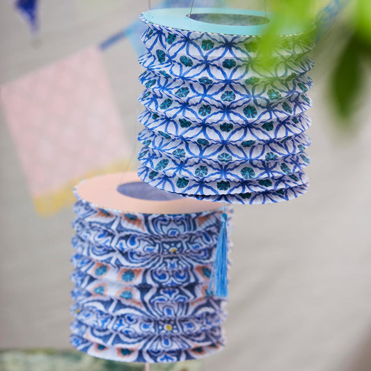Three Souk Blue Hanging Paper Lanterns