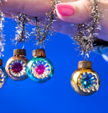 Six Vintage Style Mini Glass Baubles With Tinsel