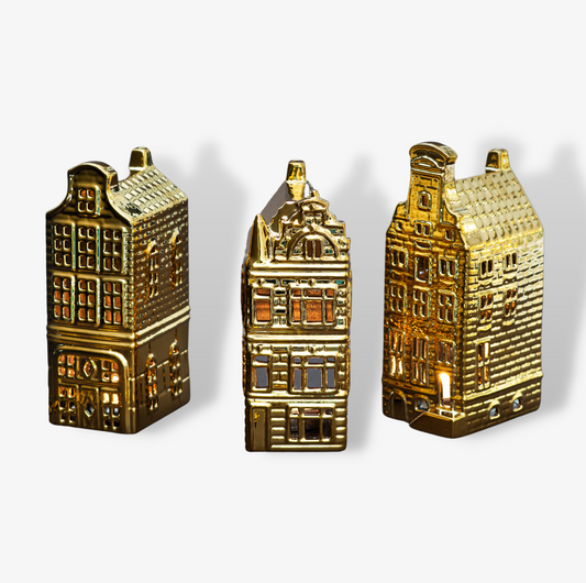 Three Gold Ceramic Tealight Dutch Houses