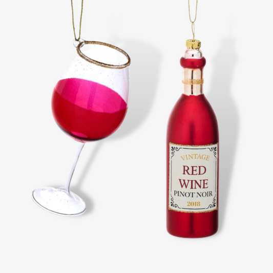 Bottle And Red Wine Glass Shaped Bauble Set