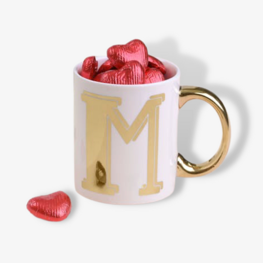 Gold Monogram Mug Filled With Heart Chocolate