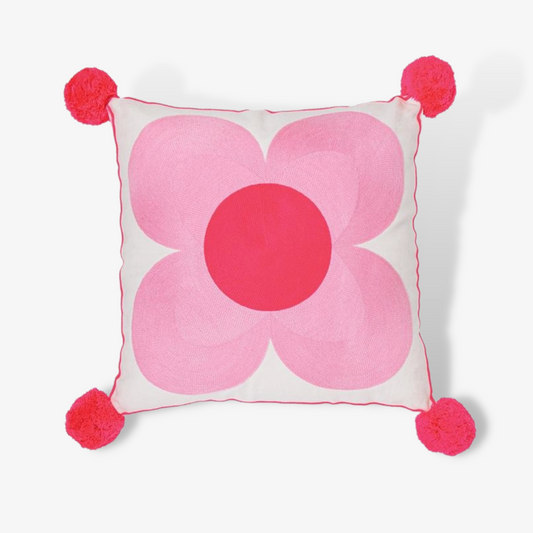 Embroidered Pom Pom Flower Cushion